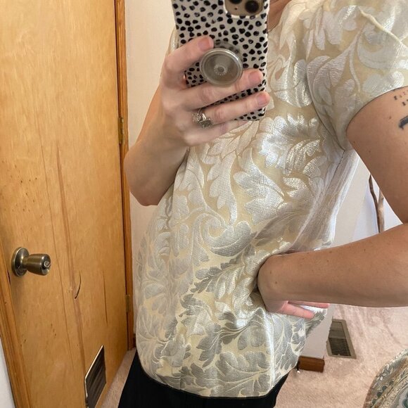 Tibi NY Silver and Gold Metallic Jacquard Leaf Bubble Sleeve Holiday Top - Picture 7 of 13